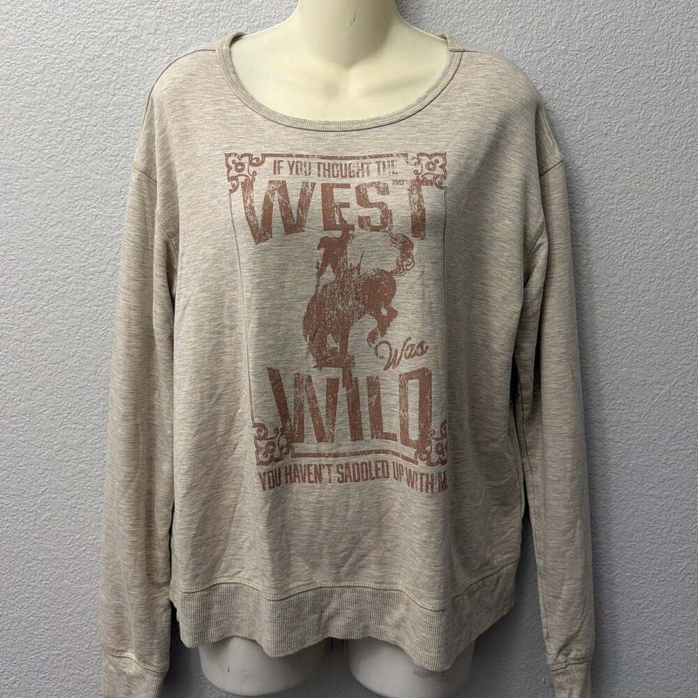 Wound Up Crewneck Heathered Beige Western Graphic Wild West Pullover Sweater